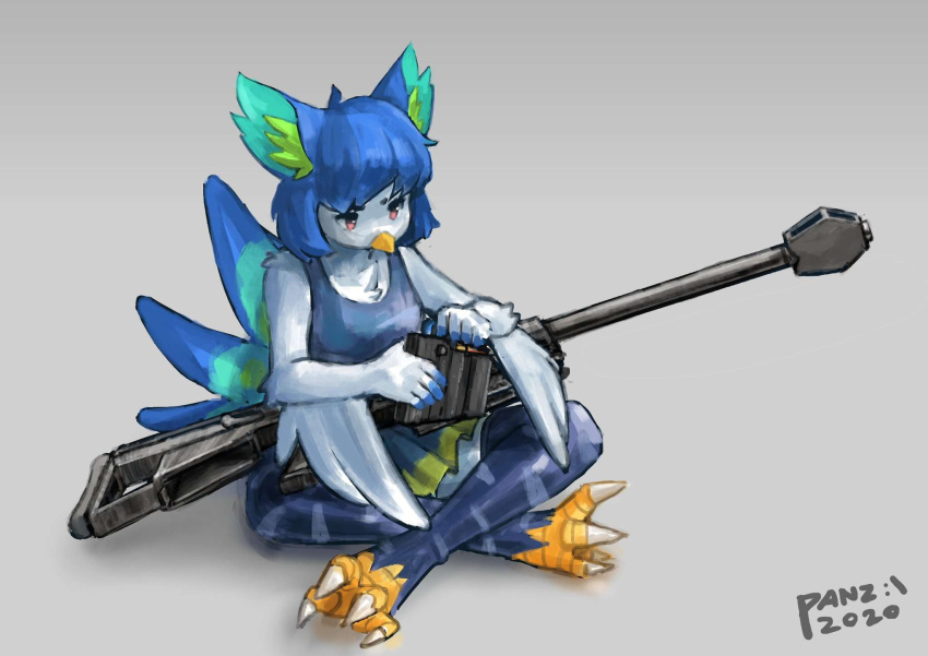 2020 4_toes 5_fingers ammunition anthro avian beak bird blue_hair bottomwear breasts chest_tuft clothing feathers feet female fingers fur grey_background gun hair hi_res inner_ear_fluff legwear magazine_(gun) perico pink_eyes ranged_weapon reloading rifle shirt simple_background skirt sniper_rifle solo talons thigh_highs toes topwear tuft unknown_artist weapon white_body white_fur