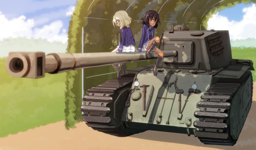 andou_(girls_und_panzer) arl-44 back-to-back bc_freedom_military_uniform black_footwear black_hair blonde_hair blue_eyes blue_jacket blue_sky blue_vest blurry blurry_foreground boots brown_eyes closed_mouth cloud cloudy_sky commentary dappled_sunlight dark-skinned_female dark_skin day depth_of_field dress_shirt foreshortening frown girls_und_panzer high_collar highres jacket jinguu_(4839ms) knee_boots knee_up long_sleeves looking_at_viewer medium_hair messy_hair military_uniform military_vehicle miniskirt motor_vehicle oshida_(girls_und_panzer) outdoors pleated_skirt shirt sitting skirt sky sunlight tank uniform vehicle_focus vest white_shirt white_skirt