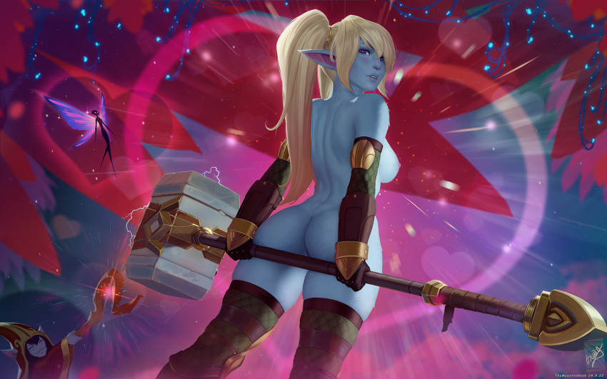 2girls alternate_breast_size alternate_height ass ass_support black_gloves blonde_hair breasts brown_thighhighs from_behind gloves hammer heart highres holding holding_hammer holding_staff large_breasts league_of_legends looking_at_viewer looking_back lulu_(league_of_legends) magic multiple_girls nipples pix_(league_of_legends) poppy_(league_of_legends) pussy pussy_peek solo_focus staff themaestronoob thighhighs topless twintails