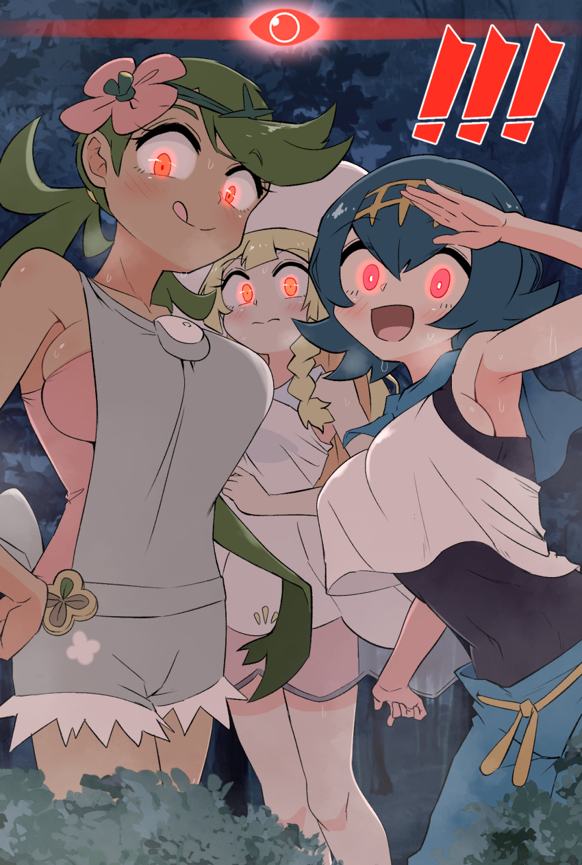! !! 3girls arm_up armpits blonde_hair blue_hair blue_sailor_collar blunt_bangs blush braid breasts breath bright_pupils bush check_commentary closed_mouth commentary commentary_request dark-skinned_female dark_skin dress eyelashes flower glowing glowing_eyes gold_hairband green_hair green_headband grey_hair grey_overalls hair_flower hair_ornament hairband hand_to_forehead hat headband highres kurachi_mizuki lana_(pokemon) large_breasts licking_lips lillie_(pokemon) long_hair looking_at_viewer mallow_(pokemon) medium_breasts menacing multiple_girls night one-piece_swimsuit open_mouth outdoors overall_shorts overalls pants pink_flower pokemon red_eyes sailor_collar shirt short_hair shorts sideboob skin_tight sleeveless sleeveless_dress smile sun_hat sundress sweat swept_bangs swimsuit swimsuit_under_clothes tongue tongue_out twintails very_long_hair white_dress white_headwear yellow_hairband