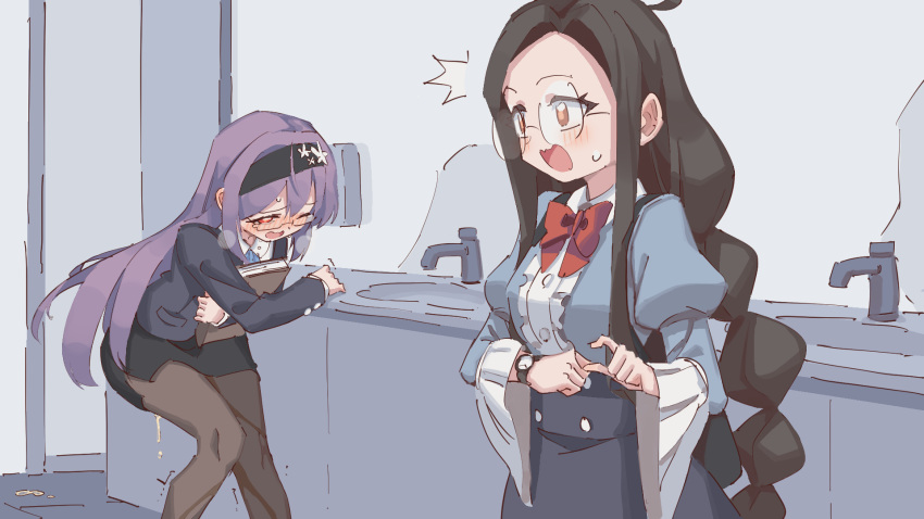 2girls ^^^ ahoge backpack bag bathroom black_hairband black_jacket black_pantyhose black_skirt blue_ribbon blue_shirt blue_skirt blush book bow bowtie breasts breath brown_hair buttons center_frills clenched_hand collared_shirt commentary_request crossed_arms embarrassed english_commentary eye_contact faucet frills glasses hairband half-closed_eye hands_up have_to_pee high-waist_skirt highres holding holding_book indoors jacket juliet_sleeves knees_together_feet_apart long_hair long_sleeves looking_at_another low-tied_long_hair miniskirt mixed-language_commentary multi-tied_hair multiple_girls neck_ribbon nose_blush one_eye_closed open_mouth orange_eyes original pantyhose partial_commentary pee peeing peeing_self pencil_skirt pocket puffy_sleeves purple_hair raised_eyebrows red_bow red_bowtie red_eyes ribbon round_eyewear rune_(dualhart) semi-rimless_eyewear shirt shirt_tucked_in side_slit sidelocks sink skirt small_breasts standing surprised sweat teacher tears trembling upper_body very_long_hair watch wavy_mouth wet wet_clothes wet_pantyhose white_shirt wide-eyed wide_sleeves wince wristwatch yellow_pupils yurina_(rune_(dualhart)) zofia_(rune_(dualhart))