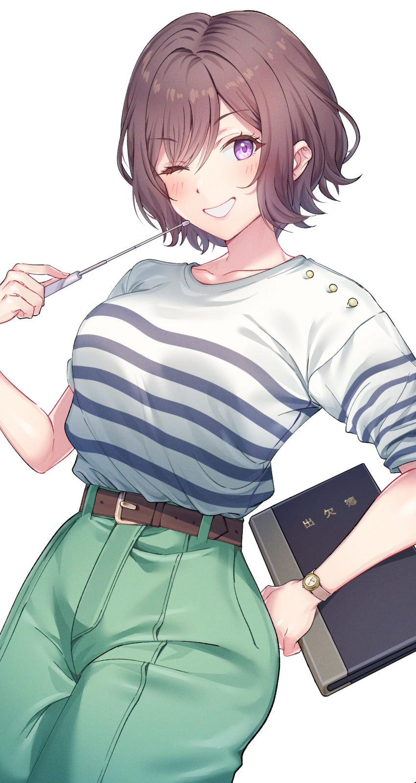 1girl ;d absurdres belt_buckle blush breasts brown_hair buckle collarbone gakuen_idolmaster green_pants highres idolmaster medium_breasts neo_asari one_eye_closed pants pol_winner purple_eyes shirt shirt_tucked_in short_hair simple_background smile solo striped_clothes striped_shirt watch white_background wristwatch