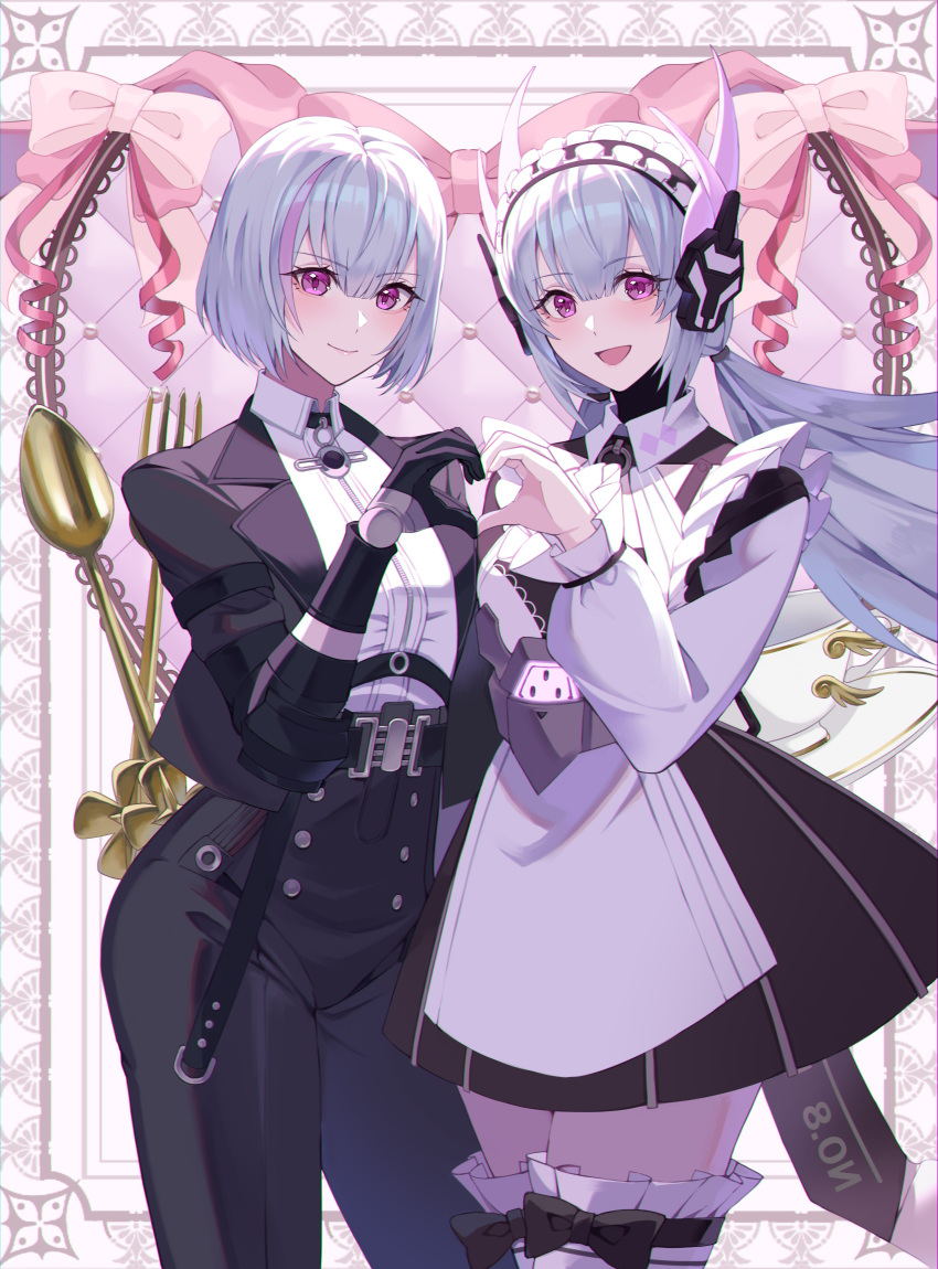 2girls absurdres black_bow black_dress black_pants black_suit bow butler character_request check_character closed_mouth collared_shirt cyborg dress female_butler frilled_thighhighs frills hair_between_eyes headgear headphones heart heart_hands highres joints liv_(punishing:_gray_raven) long_hair long_sleeves maid_headdress mechanical_arms mechanical_hands medium_hair multicolored_hair multiple_girls open_mouth pants pink_eyes pink_hair punishing:_gray_raven robot_joints shirt sidelocks streaked_hair suit thigh_bow thighhighs toi_pngr twintails two-tone_dress white_dress white_shirt white_thighhighs