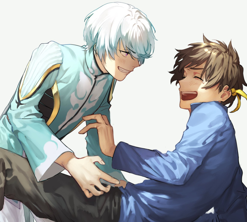 2boys bishounen black_pants blue_robe blue_shirt brown_hair closed_eyes feather_hair_ornament feathers grey_background grin hair_ornament hair_over_one_eye happy happy_tears highres looking_at_another male_focus mikleo_(tales) multiple_boys open_mouth pants pon52io purple_eyes robe shirt smile sorey_(tales) tales_of_(series) tales_of_zestiria tears white_hair yaoi