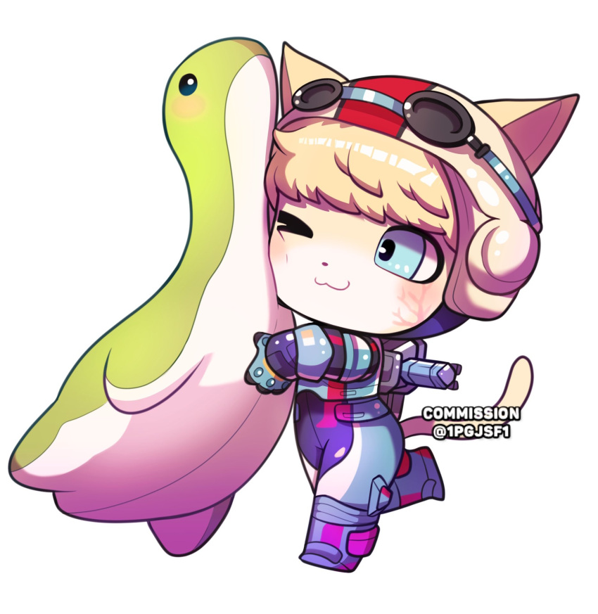 1girl :3 animal_ears animification apex_legends blonde_hair blue_bodysuit blue_eyes blue_gloves blush bodysuit cat_ears cat_girl cat_tail chibi commission furrification furry furry_female gloves goggles goggles_on_headwear helmet highres nessie_(respawn) official_alternate_costume one_eye_closed pipa_(1pgjsf1) scar scar_on_cheek scar_on_face simple_background smile solo stuffed_toy tail wattson_(apex_legends) white_background white_headwear wired_for_speed_wattson