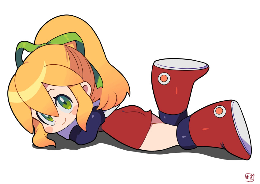 1girl blonde_hair boots closed_mouth commentary dress from_side green_eyes green_ribbon hair_between_eyes hair_ribbon highres knee_boots leg_up long_hair long_sleeves looking_at_viewer looking_to_the_side lying mega_man_(classic) mega_man_(series) miyata_(lhr) on_stomach ponytail red_dress red_footwear ribbon roll_(mega_man) short_dress sidelocks simple_background smile solo white_background