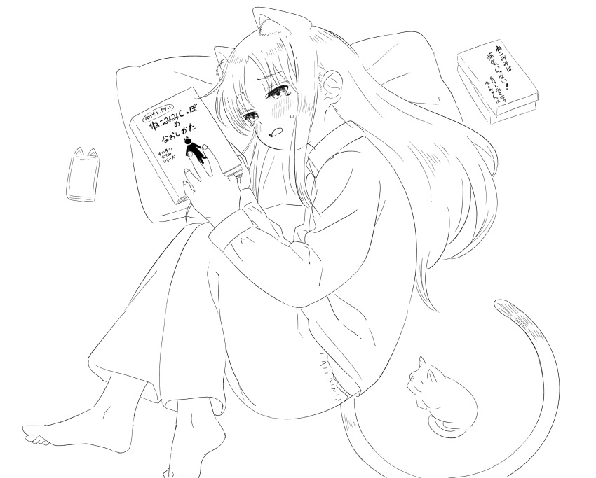 1girl animal_ears barefoot blush book cat cat_ears cat_girl cat_tail fetal_position highres holding holding_book long_hair lying monochrome nekopantsu_(blt) on_side open_mouth original pajamas pillow reading sketch solo tail