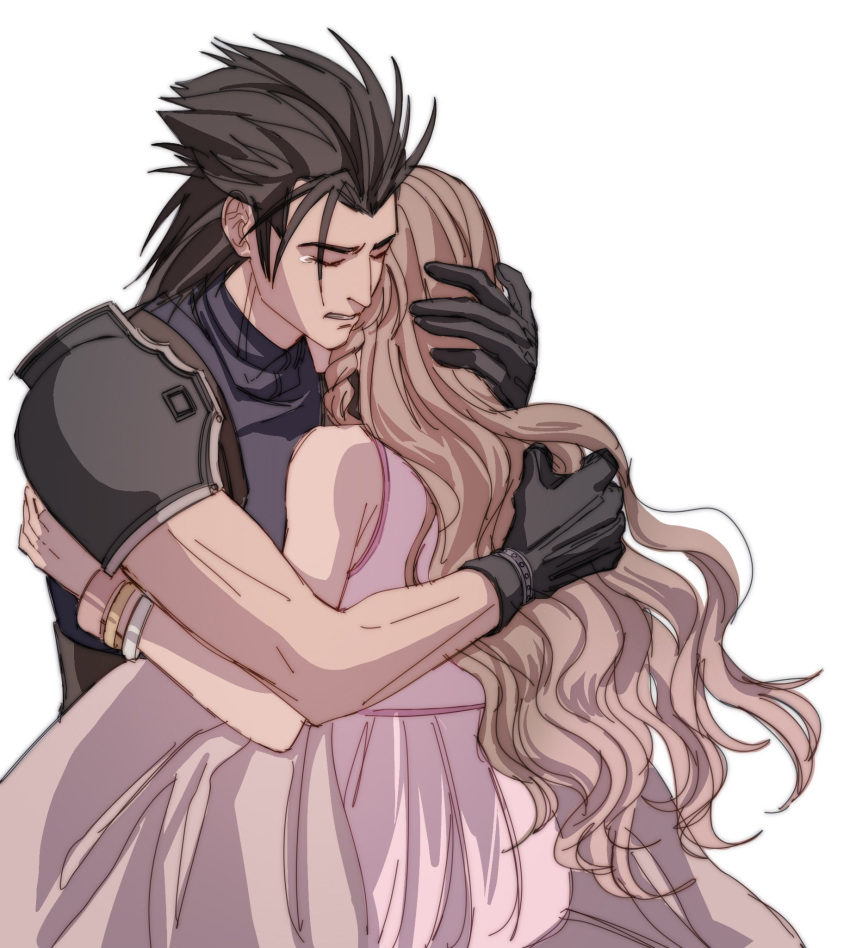 1boy 1girl aerith_gainsborough armor bangle bare_shoulders black_gloves black_hair bracelet brown_hair commentary couple crisis_core_final_fantasy_vii dress final_fantasy final_fantasy_vii final_fantasy_vii_rebirth final_fantasy_vii_remake gloves hand_on_another's_head highres hug jewelry long_hair parted_lips pink_dress shoulder_armor sleeveless sleeveless_dress sleeveless_turtleneck spiked_hair sweater sylvthea tears turtleneck turtleneck_sweater upper_body white_background zack_fair