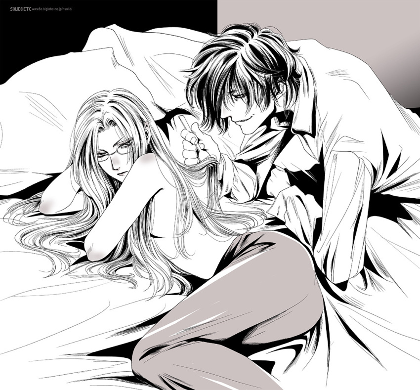 1boy 1girl alucard_(hellsing) artist_name collared_shirt flat_chest fork frown glasses greyscale hair_censor hellsing hetero holding holding_fork integra_hellsing long_hair lying monochrome on_side pants shirt smile topless toshimichi_yukari web_address