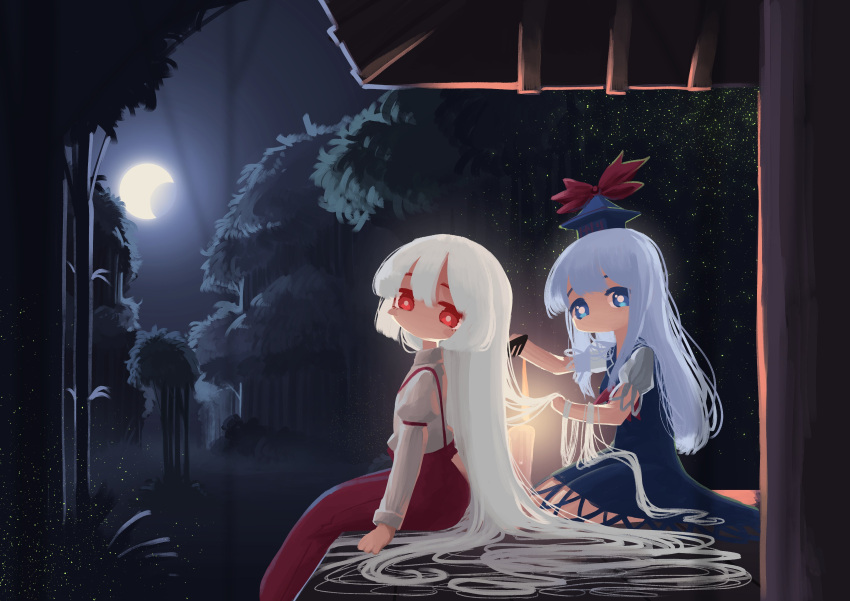 2girls absurdly_long_hair absurdres arms_at_sides bamboo bamboo_forest blue_dress blue_eyes blue_headwear bright_pupils candle comb combing commentary crescent_moon dress eyebrows_behind_hair fire flame forest fujiwara_no_mokou hair_between_eyes hat highres holding holding_comb holding_hair juliet_sleeves kamishirasawa_keine light_blue_hair long_hair long_sleeves looking_at_viewer looking_to_the_side moon multiple_girls nature neckerchief night night_sky no_mouth pants puffy_short_sleeves puffy_sleeves red_eyes red_neckerchief red_pants seiza shirt short_sleeves sitting sky suspenders sweet_reverie tokin_hat touhou veranda very_long_hair white_hair white_pupils white_shirt