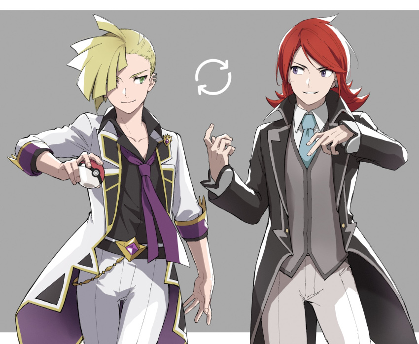 2boys blonde_hair closed_mouth coat collared_shirt commentary_request cosplay costume_switch gladion_(pokemon) gladion_(pokemon)_(cosplay) gladion_(sygna_suit)_(pokemon) green_eyes hair_over_one_eye hands_up highres holding holding_poke_ball long_hair long_sleeves male_focus mocollie multiple_boys necktie open_clothes open_coat pants poke_ball poke_ball_(basic) pokemon pokemon_masters_ex purple_necktie red_hair shirt short_hair silver_(champion)_(pokemon) silver_(pokemon) silver_(pokemon)_(cosplay) smile vest