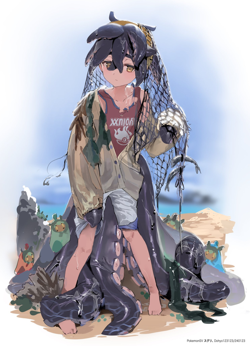 1boy barefoot black_hair brown_cardigan cardigan character_name closed_mouth copyright_request crossed_bangs dated day dohyo123123 fishing_net full_body hair_between_eyes highres kelp kieran_(pokemon) long_sleeves looking_at_viewer male_focus off_shoulder ogerpon orange_eyes outdoors pokemon pokemon_(creature) pokemon_sv red_tank_top shorts sky standing tank_top tentacle_hair tentacles torn_clothes wet wet_clothes white_shorts