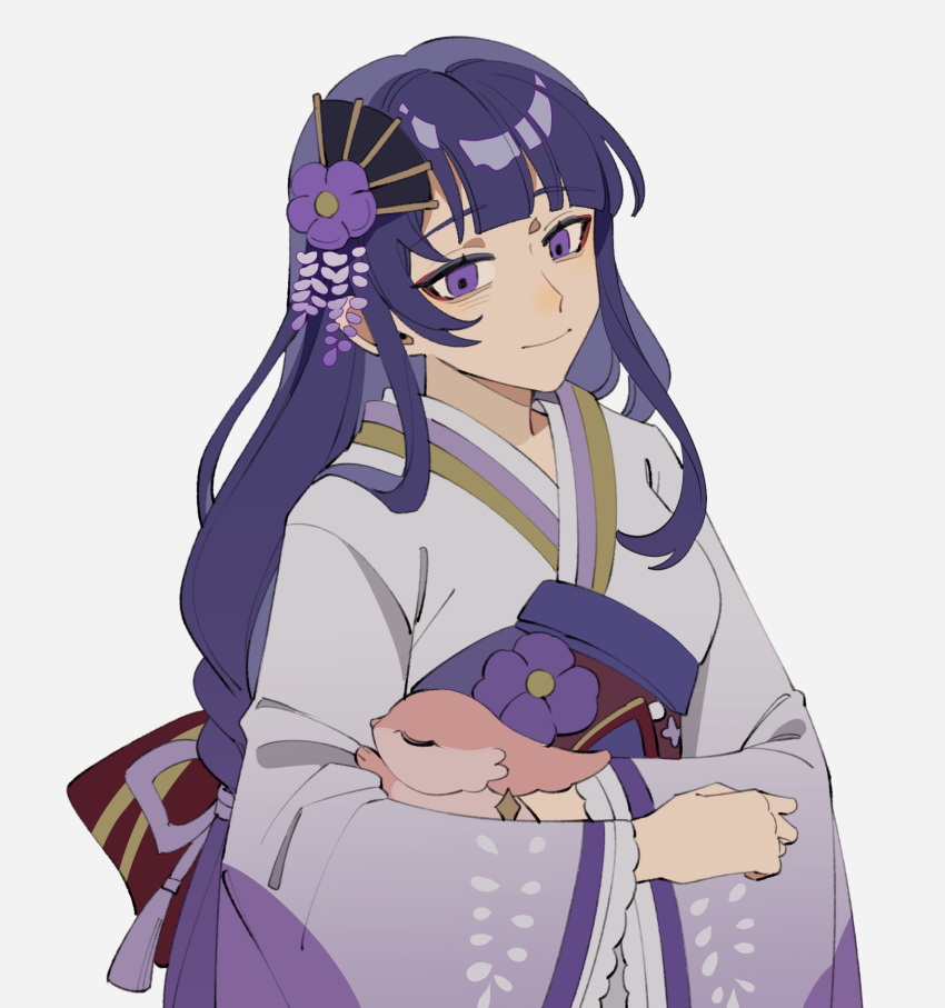 1girl animal animal_ears blunt_bangs closed_eyes earrings flower genshin_impact hair_flower hair_ornament hair_ribbon highres holding holding_animal japanese_clothes jewelry long_hair looking_at_viewer makoto_(genshin_impact) purple_eyes purple_hair ribbon simple_background single_earring white_background yae_miko yae_miko_(fox) yuyouxing