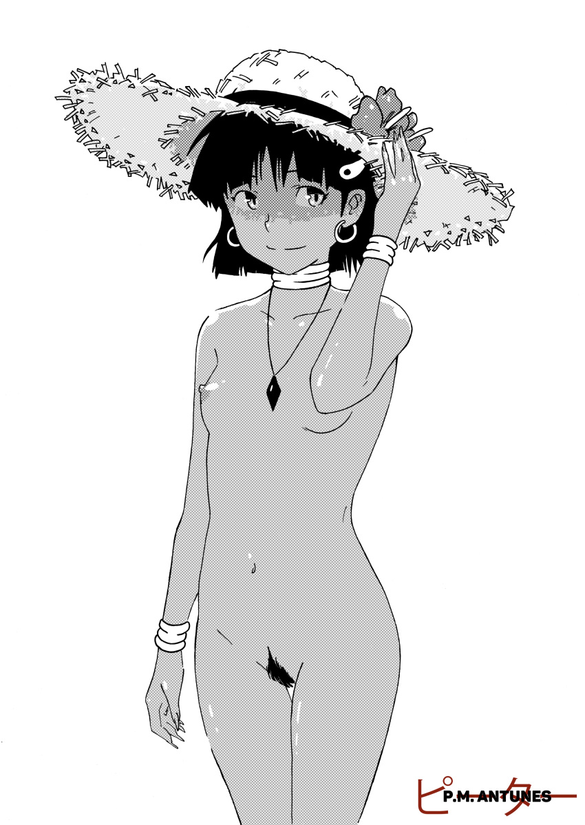 1girl absurdres arms_at_sides artist_logo artist_name black_hair blunt_ends bracelet breasts closed_mouth collarbone completely_nude cowboy_shot dark-skinned_female dark_skin earrings female_pubic_hair flower fushigi_no_umi_no_nadia gem greyscale halftone_texture hand_up hat hat_flower hat_ribbon hibiscus highres hoop_earrings jewelry light_smile looking_at_viewer looking_to_the_side monochrome nadia_la_arwall navel neck_ring necklace nipples nude pendant pm_antunes pubic_hair pussy ribbon shaded_face short_hair simple_background small_breasts smile solo straw_hat sun_hat thigh_gap white_background