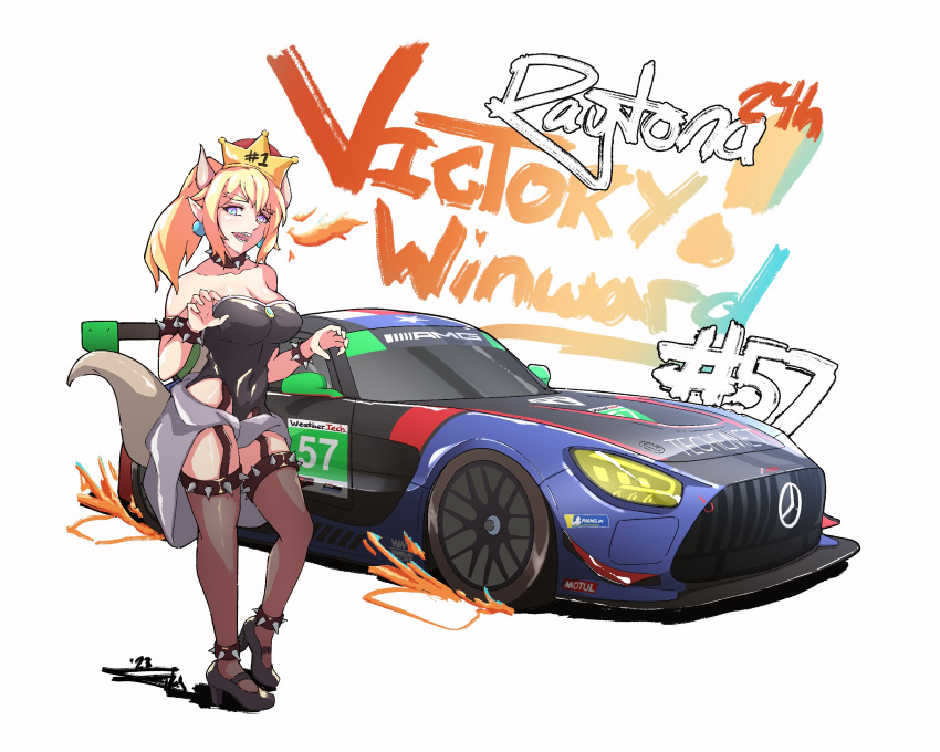 1girl absurdres bare_shoulders black_footwear black_leotard black_thighhighs blue_eyes bowsette breasts car claw_pose cleavage clothes_around_waist collarbone covered_navel english_commentary fire funkygarage grey_sweater hair_behind_ear high_heels highres horns imsa_sportscar_championship leotard mario_(series) mercedes-benz michelin michelin_man motor_vehicle new_super_mario_bros._u_deluxe open_mouth pointy_ears ponytail race_vehicle racecar shadow smile solo spiked_anklet spoiler_(automobile) super_crown sweater sweater_around_waist thighhighs vehicle_focus white_background winward_racing