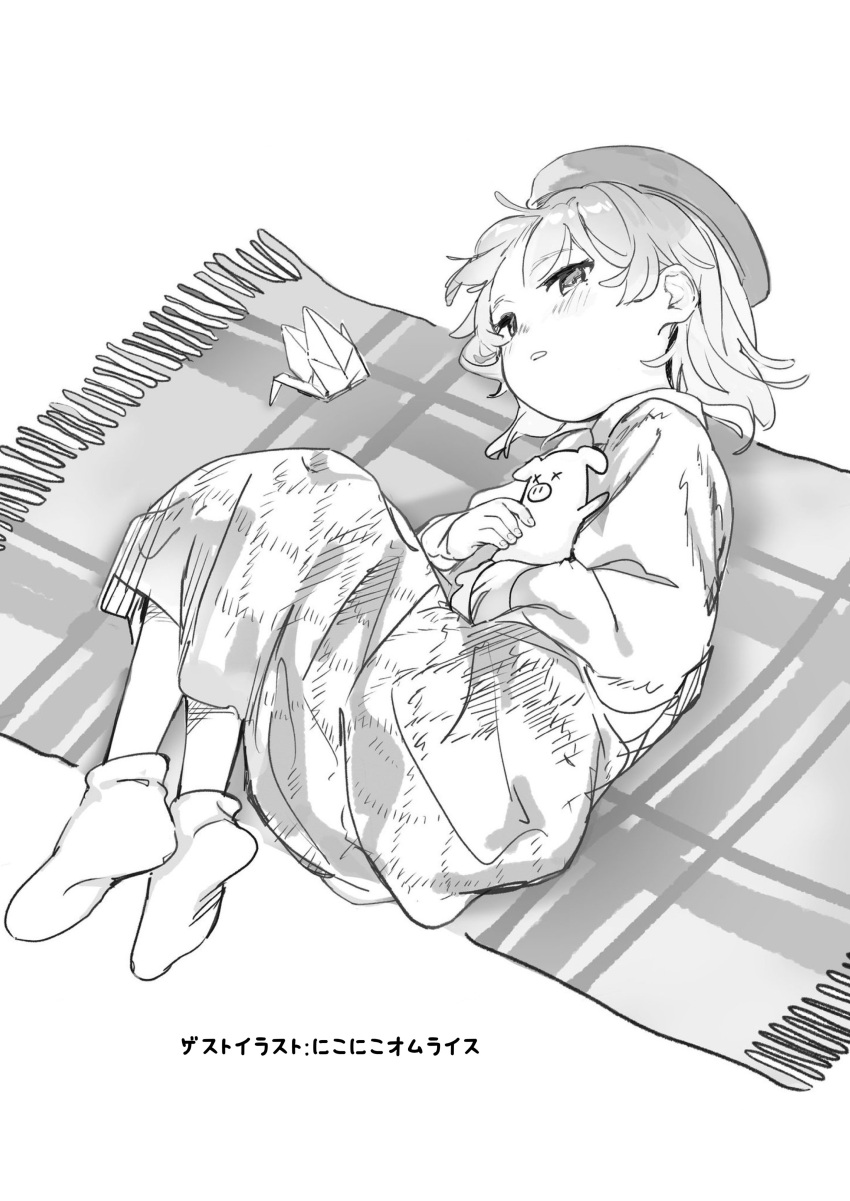 1girl absurdres beret full_body greyscale guest_art hat hatoba_tsugu highres lying mole mole_under_eye monochrome nprmtp on_side origami paper_crane parted_lips rug shirt short_hair sketch skirt socks solo tsugu_(vtuber) virtual_youtuber