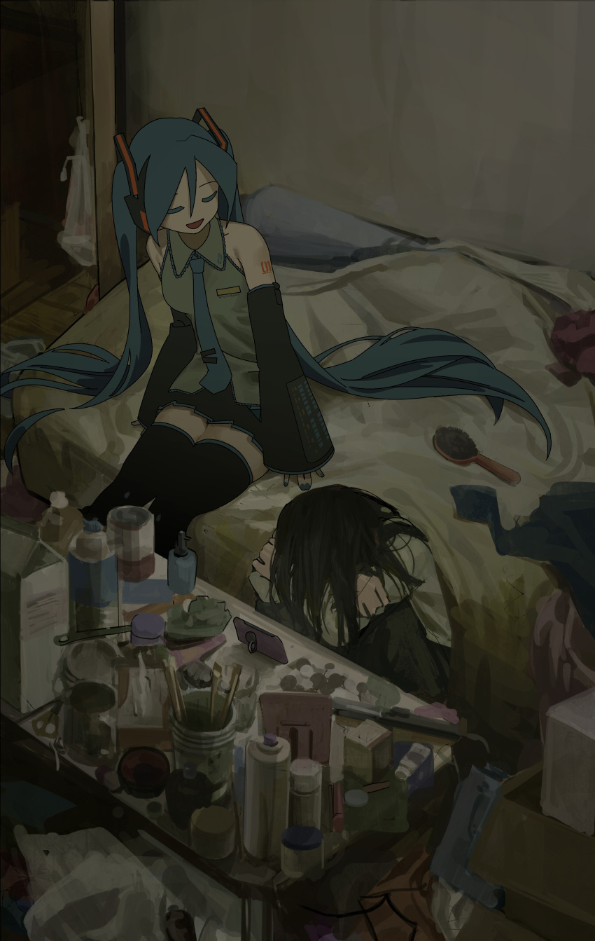 2girls absurdres bare_shoulders bed black_hair black_skirt black_sleeves black_thighhighs blue_hair blue_nails blue_necktie bottle cellphone closed_eyes collared_shirt commentary covering_face dark depressed detached_sleeves grey_shirt hair_between_eyes hair_brush hair_ornament hatsune_miku highres indoors jar knees_up long_hair long_sleeves messy_room miku_day miniskirt multiple_girls nail_polish necktie on_bed on_floor open_mouth phone pleated_skirt shirt sitting skirt sleeves_past_wrists smartphone smile table tachibana_tsu thighhighs trash_bag twintails very_long_hair vocaloid white_shirt zettai_ryouiki