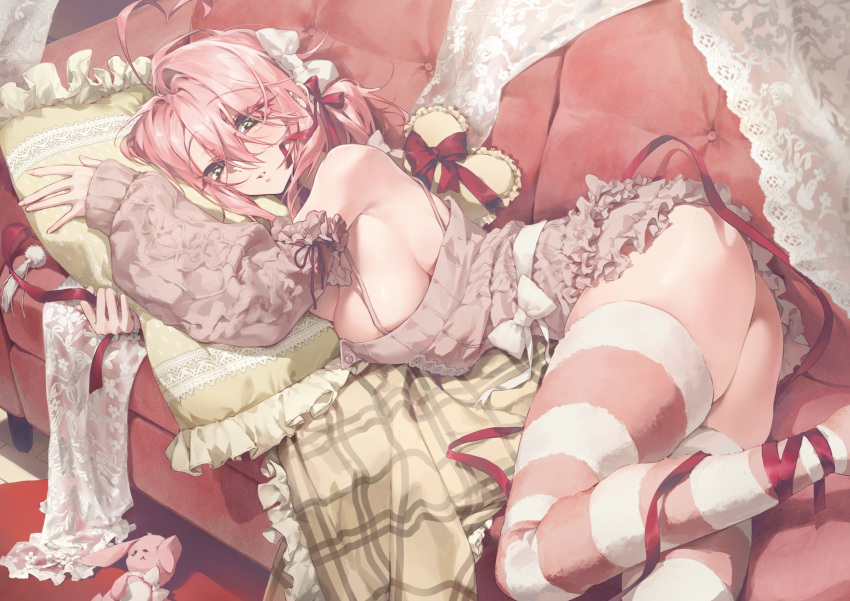 1girl ahoge ass bare_shoulders blush breasts couch detached_sleeves dress feet_out_of_frame frilled_pillow frills green_eyes hair_between_eyes hair_ribbon heart heart_ahoge highres hugging_object large_breasts leg_ribbon long_hair looking_at_viewer lying metaume on_couch on_side original parted_lips pillow pink_hair red_ribbon ribbon sideboob solo striped_clothes striped_thighhighs stuffed_animal stuffed_rabbit stuffed_toy sweater thighhighs thighs