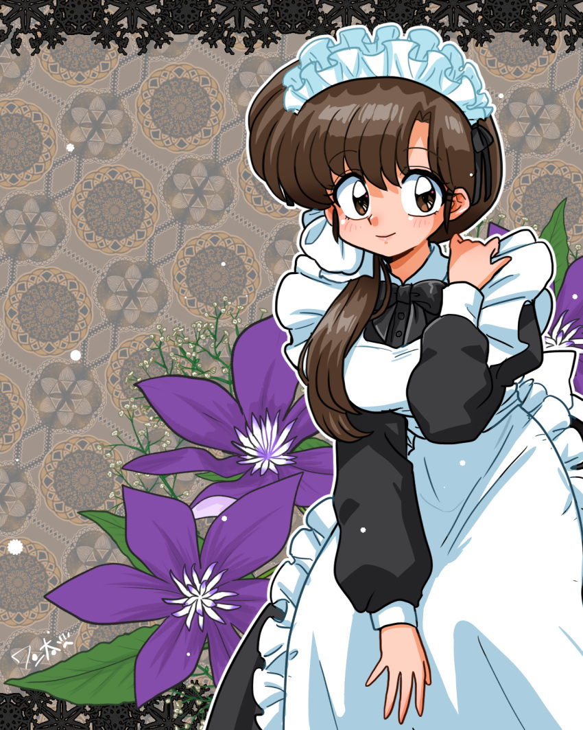 1girl apron between_legs black_bow black_bowtie black_dress bow bowing bowtie breasts brown_eyes brown_hair dress flower hand_between_legs hand_on_own_shoulder highres lily_(flower) long_hair looking_at_viewer maid maid_apron maid_headdress medium_breasts patterned_background purple_flower ranma_1/2 tendou_kasumi wanta_(futoshi) white_apron