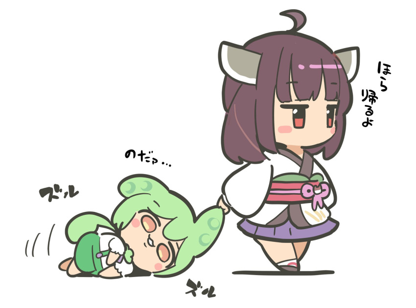 2girls :3 ahoge blush_stickers brown_hair chibi dragging grabbing_another's_hair green_shorts headgear highres japanese_clothes jitome kimono long_sleeves looking_ahead lying moyazou_(kitaguni_moyashi_seizoujo) multiple_girls no_mouth no_sclera obi obiage obijime on_side orange_eyes parted_lips puffy_shorts purple_skirt red_eyes sash shirt short_kimono short_sleeves shorts simple_background skirt suspender_shorts suspenders touhoku_kiritan translation_request voiceroid voicevox walking white_background white_kimono white_shirt zundamon