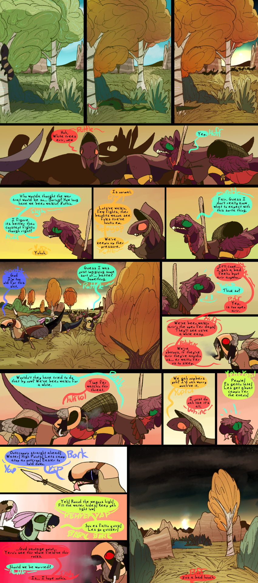 absurd_res autumn comic dialogue dinosaur doerate_(thepatchedragon) dragon dragonscape drekir dromaeosaurid fantasy female feral gila_(thepatchedragon) group hi_res hiker_(thepatchedragon) jat_(thepatchedragon) male melee_weapon mythological_creature mythological_scalie mythology polearm post-apocalyptic reptile scalie spear text thepatchedragon theropod travois weapon