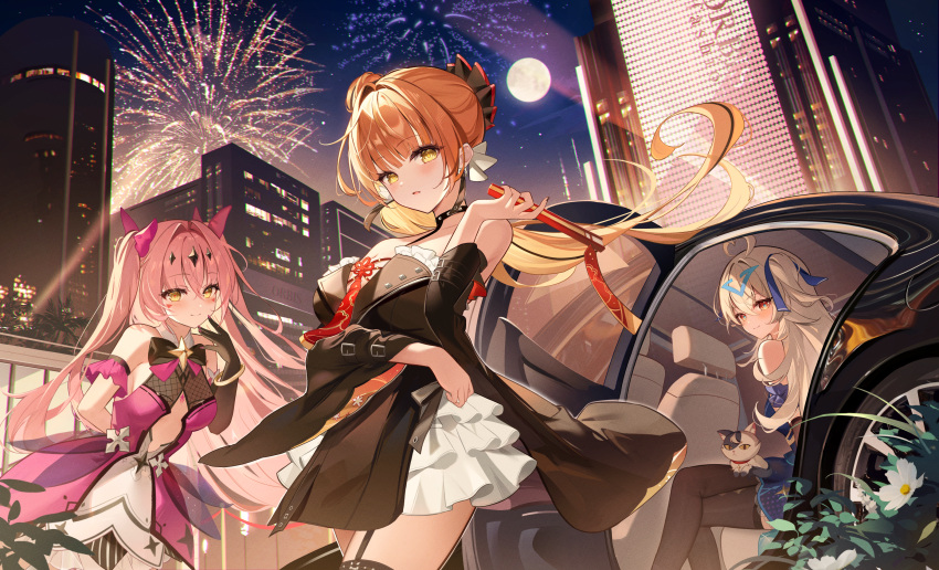 3girls ahoge arm_cuffs black_thighhighs blonde_hair blush car car_interior cat character_request city cleavage_cutout clothing_cutout detached_sleeves dress elbow_gloves epic_seven fireworks full_moon garter_straps gloves highres kokonex leaning_forward looking_at_viewer moon motor_vehicle multiple_girls night one_side_up open_door orange_hair outdoors pink_hair red_eyes side_ponytail sitting sleeveless sleeveless_dress smile standing strapless strapless_dress thighhighs twintails yellow_eyes