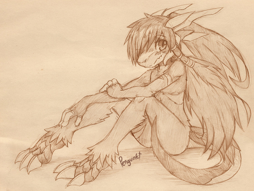 anthro arm_tuft claws dragon elbow_tuft female hair horn leg_tuft looking_at_viewer messy_hair monochrome mouth_closed mythological_creature mythological_scalie mythology nude penguinexperience scalie signature simple_background sitting solo tuft