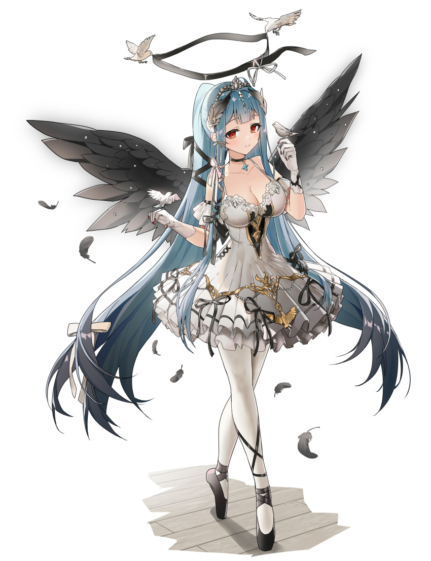 1girl absurdres animal_on_hand bare_shoulders bird black_bow black_footwear black_wings blue_hair bow breasts cleavage closed_mouth collarbone commentary_request dress epic_seven feathered_wings full_body gloves hair_bow hands_up highres korean_commentary long_hair looking_at_viewer medium_breasts pantyhose pleated_dress red_eyes roana_(epic_seven) ronopu shoes sleeveless sleeveless_dress smile solo standing tiara tiptoes twintails very_long_hair white_background white_bow white_dress white_gloves white_pantyhose wings wooden_floor