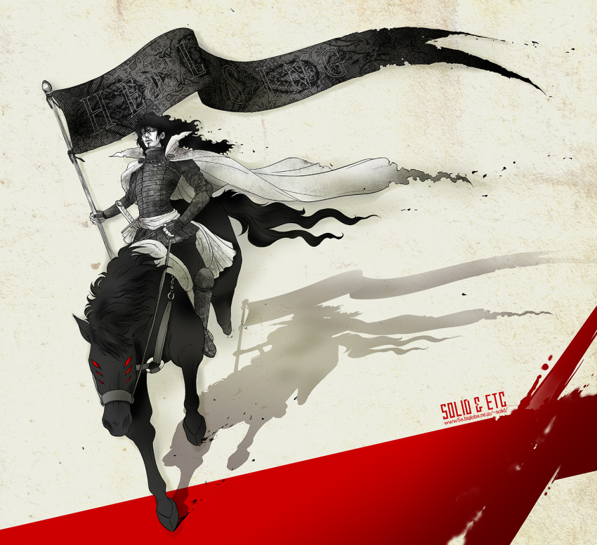 1boy alucard_(hellsing) armor artist_name cape copyright_name curly_hair facial_hair fingerless_gloves flag gloves goatee greyscale hellsing highres holding holding_flag horse horseback_riding long_hair male_focus monochrome red_eyes riding saddle shadow solo spot_color sword toshimichi_yukari vlad_tepes_(hellsing) weapon web_address