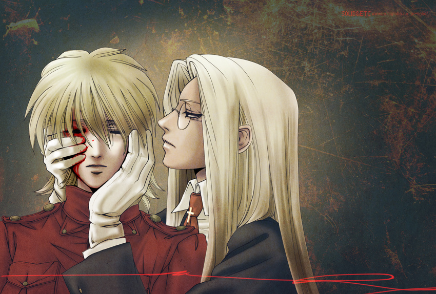 2girls black_jacket blonde_hair blood blood_on_face breast_pocket closed_eyes cross dark-skinned_female dark_skin glasses gloves half-closed_eyes hands_on_another's_face hellsing integra_hellsing jacket long_hair medium_hair multiple_girls pocket seras_victoria toshimichi_yukari white_gloves