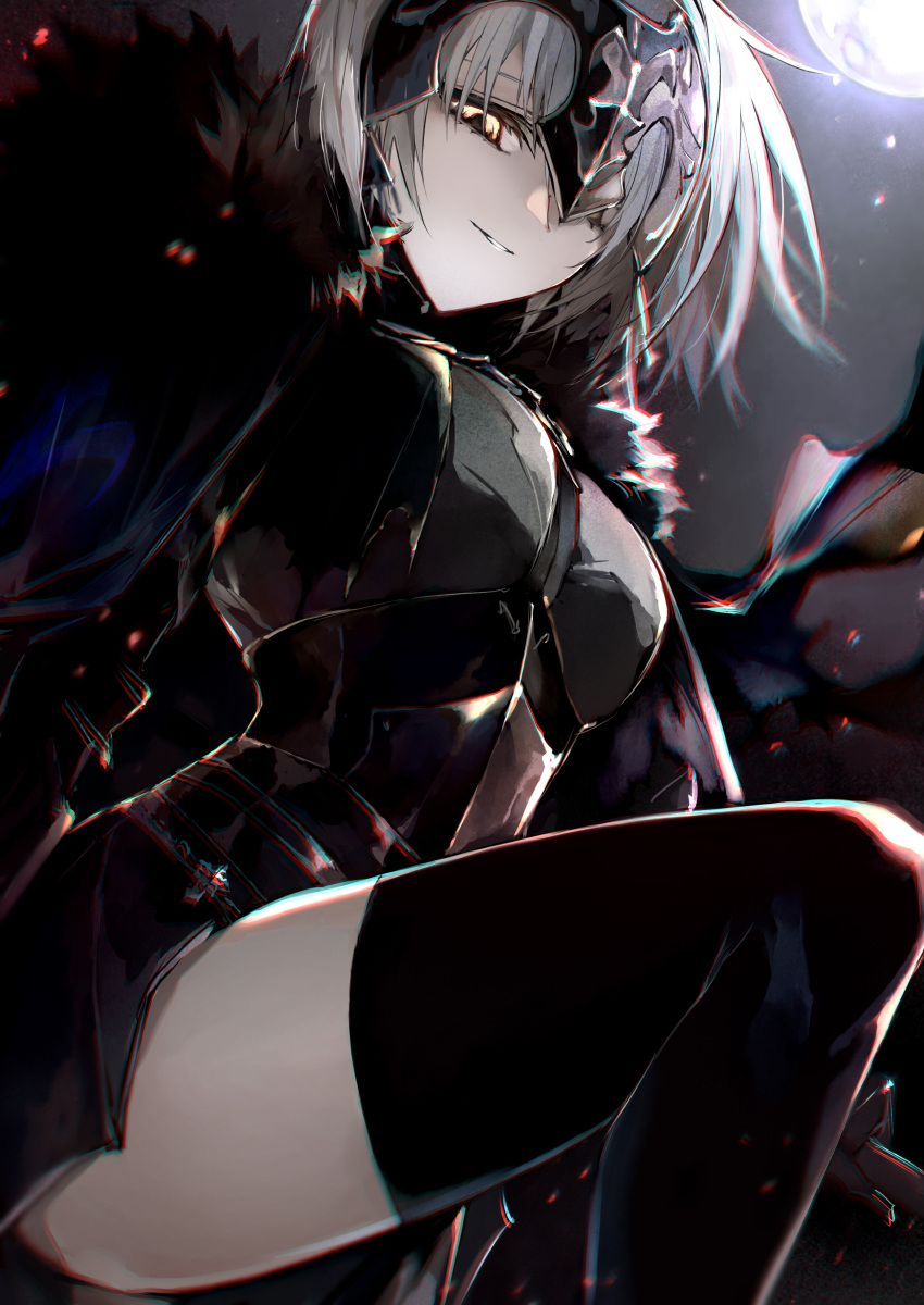 1girl absurdres armor armored_dress black_armor black_cape black_dress black_thighhighs breasts cape dress fate/samurai_remnant fate_(series) fire full_moon fur-trimmed_cape fur_trim gauntlets grey_hair headpiece highres jeanne_d'arc_alter_(fate) jeanne_d'arc_alter_(lancer)_(fate) kino_kokko large_breasts leg_up light_smile looking_at_viewer looking_down moon plackart short_hair smile solo teeth thighhighs thighs yellow_eyes