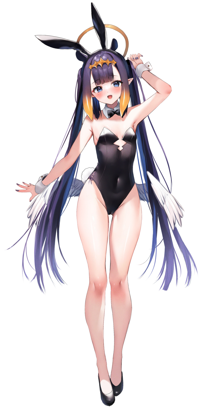 1girl :d absurdres alternate_costume animal_ears bare_legs bare_shoulders black_footwear black_leotard blue_eyes breasts covered_navel fake_animal_ears fake_tail halo highres hololive hololive_english leotard long_hair looking_at_viewer low_wings maru_ccy ninomae_ina'nis open_mouth orange_halo playboy_bunny purple_hair rabbit_ears rabbit_tail shoes small_breasts smile solo tail very_long_hair virtual_youtuber white_wings wings
