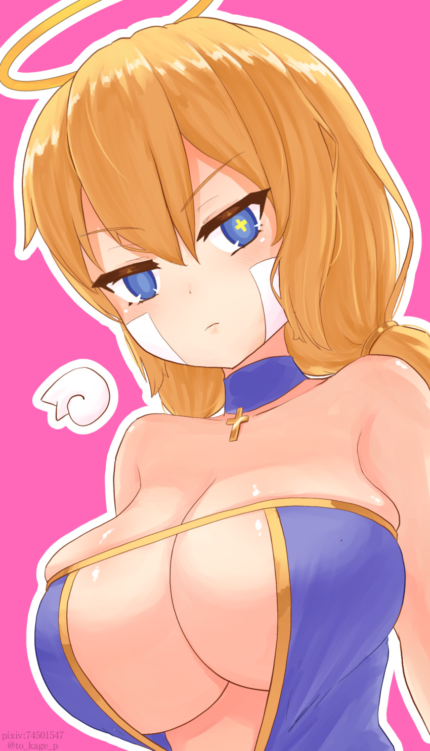 1girl angel angel_soldier_(mon-musu_quest!) bare_shoulders blue_choker blue_leotard blush breasts center_opening choker cleavage closed_mouth commentary_request cross cross-shaped_pupils cross_necklace detached_wings hair_between_eyes halo highres huge_breasts jewelry leotard light_frown long_hair looking_at_viewer mismatched_pupils mon-musu_quest! necklace oppai_loli partial_commentary pink_background pixiv_id solo strapless strapless_leotard symbol-shaped_pupils to_kage_p twitter_username upper_body v-shaped_eyebrows wings