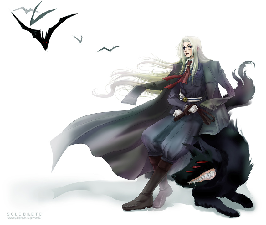 1girl artist_name bat_(animal) black_jacket blonde_hair blue_eyes boots coat coat_on_shoulders extra_eyes gloves hellsing integra_hellsing jacket knee_boots long_coat long_hair sharp_teeth sitting_on_animal teeth toshimichi_yukari very_long_hair web_address white_gloves wolf