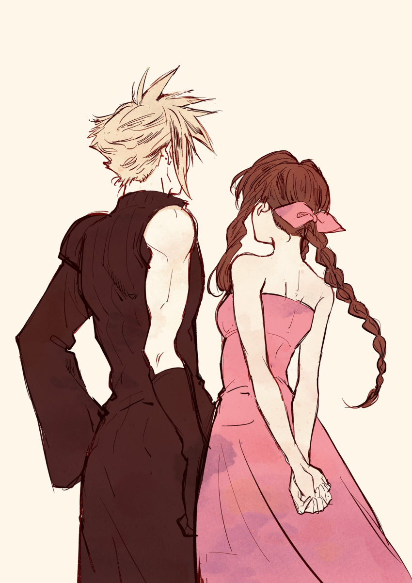 1boy 1girl aerith_gainsborough arms_behind_back bare_arms bare_shoulders black_gloves black_pants black_shirt black_sleeves blonde_hair braid braided_ponytail breasts cloud_strife cowboy_shot dress facing_viewer final_fantasy final_fantasy_vii final_fantasy_vii_advent_children gloves hair_ribbon highres long_hair medium_breasts oishiioniku1129 own_hands_together pants pink_dress pink_ribbon ribbon shirt short_hair sidelocks single_bare_shoulder single_braid single_sleeve spiked_hair strapless strapless_dress yellow_background