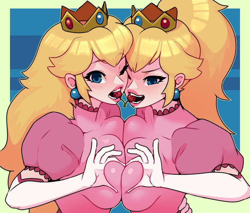 2girls blonde_hair blue_eyes breast_press breasts cheek-to-cheek clone crown dabble double_cherry dress elbow_gloves food_in_mouth gloves heads_together heart heart_hands heart_hands_duo highres large_breasts mario mario_(series) mini_crown multiple_girls pink_dress ponytail princess_peach puffy_short_sleeves puffy_sleeves short_sleeves smile symmetrical_docking white_gloves