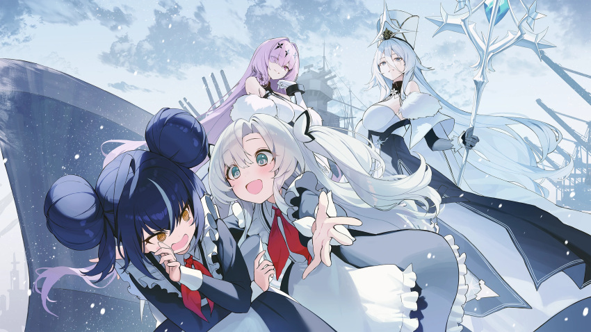 4girls @_@ azur_lane blue_hair coat double_bun dress frilled_dress frills fur-trimmed_coat fur_trim green_eyes hair_bun highres holding holding_staff huge_hair_bun long_bangs long_hair military_vehicle multicolored_hair multiple_girls neckerchief official_art ognevoy_(azur_lane) open_mouth outdoors poltava_(azur_lane) purple_hair red_neckerchief school_uniform ship smile sovetsky_soyuz_(azur_lane) staff streaked_hair svirepy_(azur_lane) turret very_long_hair warship watercraft white_coat white_hair white_headwear yellow_eyes