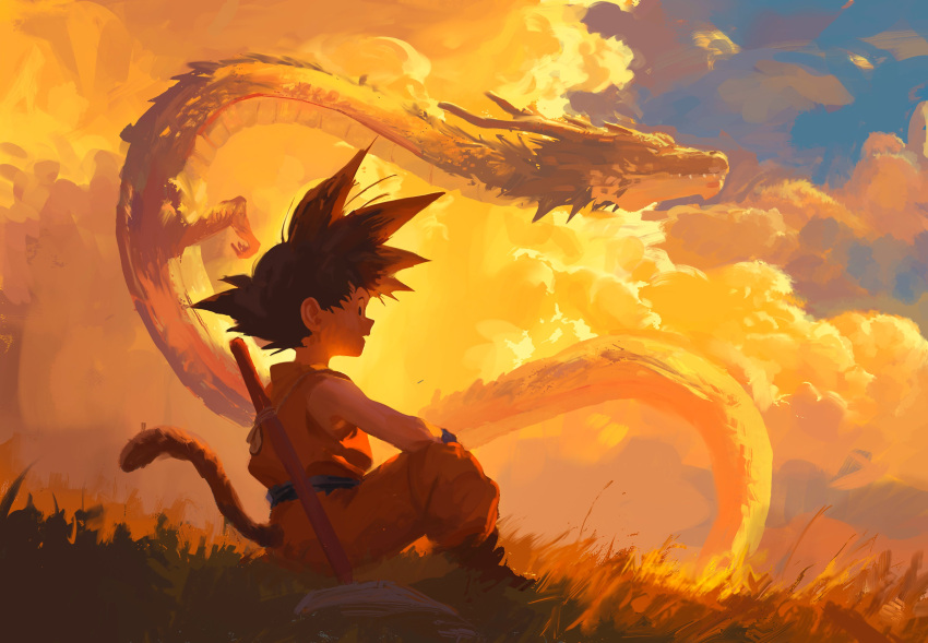 1boy absurdres black_hair cloud dougi dragon dragon_ball dragon_ball_(classic) eastern_dragon english_commentary from_side grass highres horns kipsi11 looking_at_viewer monkey_tail orange_pants orange_shirt pants ruyi_jingu_bang shenron_(dragon_ball) shirt sitting sleeveless sleeveless_shirt son_goku spiked_hair tail