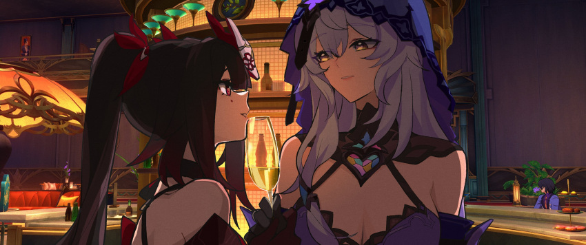 2girls bare_shoulders black_swan_(honkai:_star_rail) brown_hair champagne_flute cup drinking_glass eye_contact eyes_visible_through_hair fox_mask gradient_hair grey_hair hand_on_another's_hand highres honkai:_star_rail honkai_(series) looking_at_another mask multicolored_hair multiple_girls orange_eyes parted_lips purple_veil red_eyes rekka sparkle_(honkai:_star_rail) twintails yellow_eyes