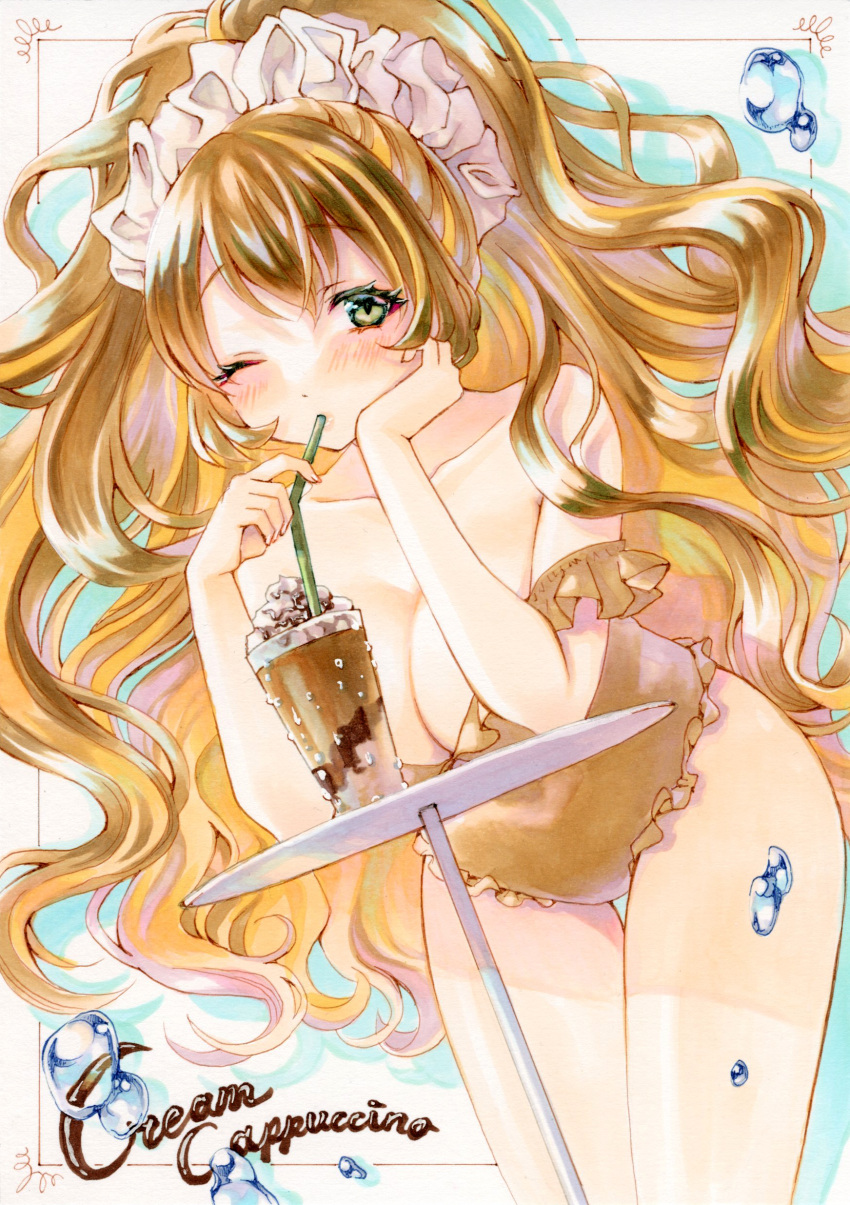1girl absurdres bare_shoulders bendy_straw border breasts cappuccino chocolate chocolate_syrup cleavage coffee cowboy_shot cream cup dai_dai_da drinking_straw drinking_straw_in_mouth elbow_rest frilled_one-piece_swimsuit frills green_eyes hair_ornament hair_scrunchie head_rest highres large_breasts leaning_forward light_brown_hair long_hair looking_at_viewer marker_(medium) off_shoulder one-piece_swimsuit one_eye_closed original ponytail scrunchie solo swimsuit table thigh_gap traditional_media very_long_hair wide_ponytail