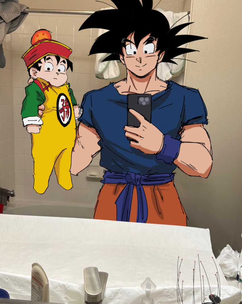 2boys bathroom bathtub black_eyes blue_shirt cellphone commentary dougi dragon_ball dragon_ball_(object) dragon_ball_z english_commentary father_and_son faucet gokutrash hand_up highres holding holding_phone how_to_hold_my_baby_redraw_(meme) indoors looking_at_viewer male_focus meme multiple_boys phone photo-referenced photo_background red_headwear shirt sketch smartphone smile soap_bubbles son_gohan son_goku spiked_hair squeeze_bottle upper_body