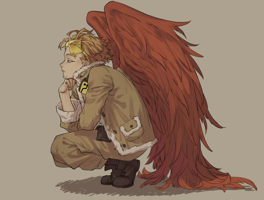 1boy blonde_hair boku_no_hero_academia brown_footwear brown_jacket brown_pants closed_mouth eyewear_on_head facial_hair feathered_wings from_side full_body fur-trimmed_jacket fur_trim goatee_stubble grey_background hawks_(boku_no_hero_academia) highres jacket long_sleeves looking_ahead male_focus pants pon52io red_wings short_hair solo squatting stubble tinted_eyewear wings yellow-tinted_eyewear