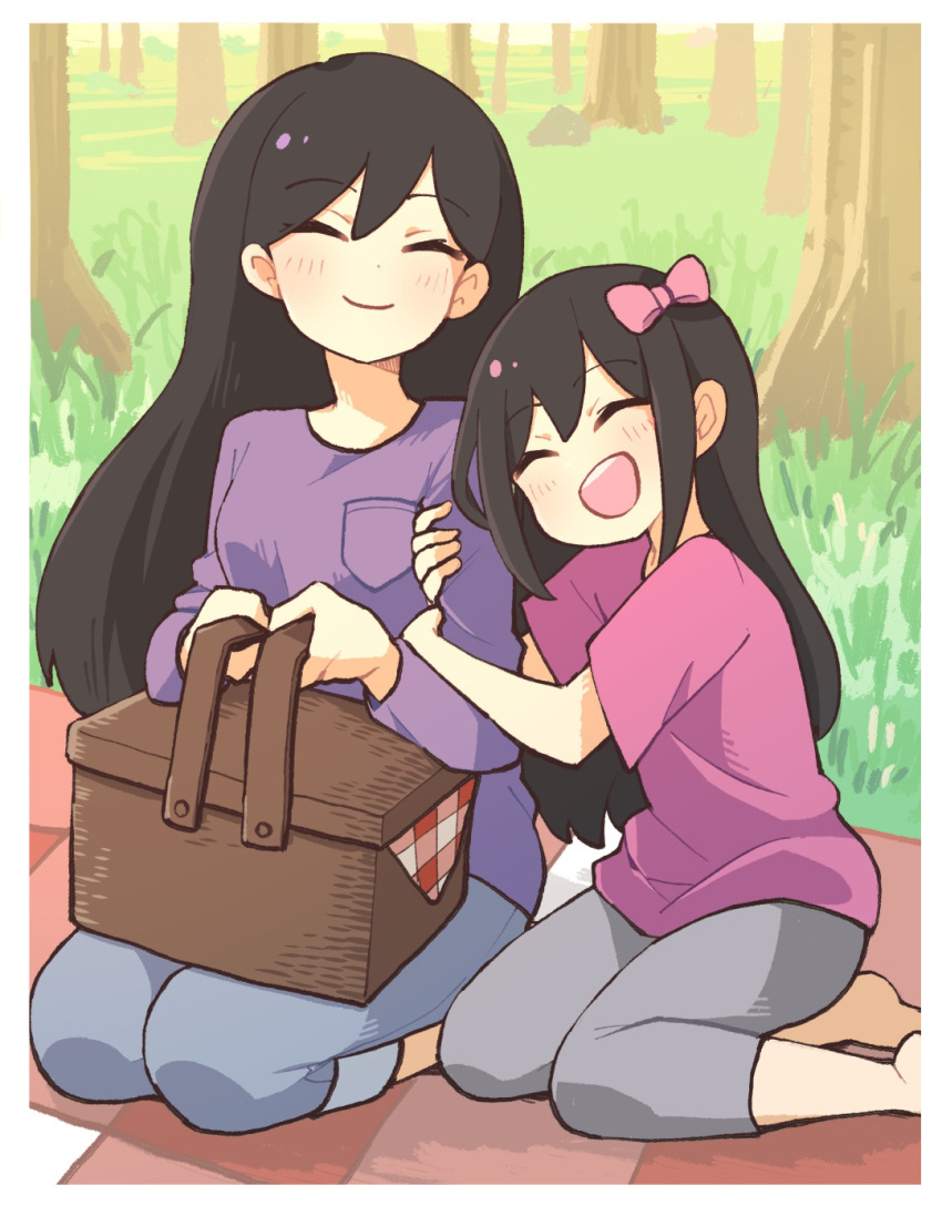 2girls aged_down aubrey_(faraway)_(omori) aubrey_(omori) barefoot black_hair blush bow closed_eyes closed_mouth day denim doroidsan grass grey_leggings hair_behind_ear hair_between_eyes hair_bow hands_on_another's_arm highres jeans leggings long_hair long_sleeves mari_(faraway)_(omori) mari_(omori) multiple_girls omori open_mouth outdoors pants picnic_basket picnic_blanket pink_bow pink_shirt purple_shirt rock shirt short_sleeves sitting smile teeth tree upper_teeth_only