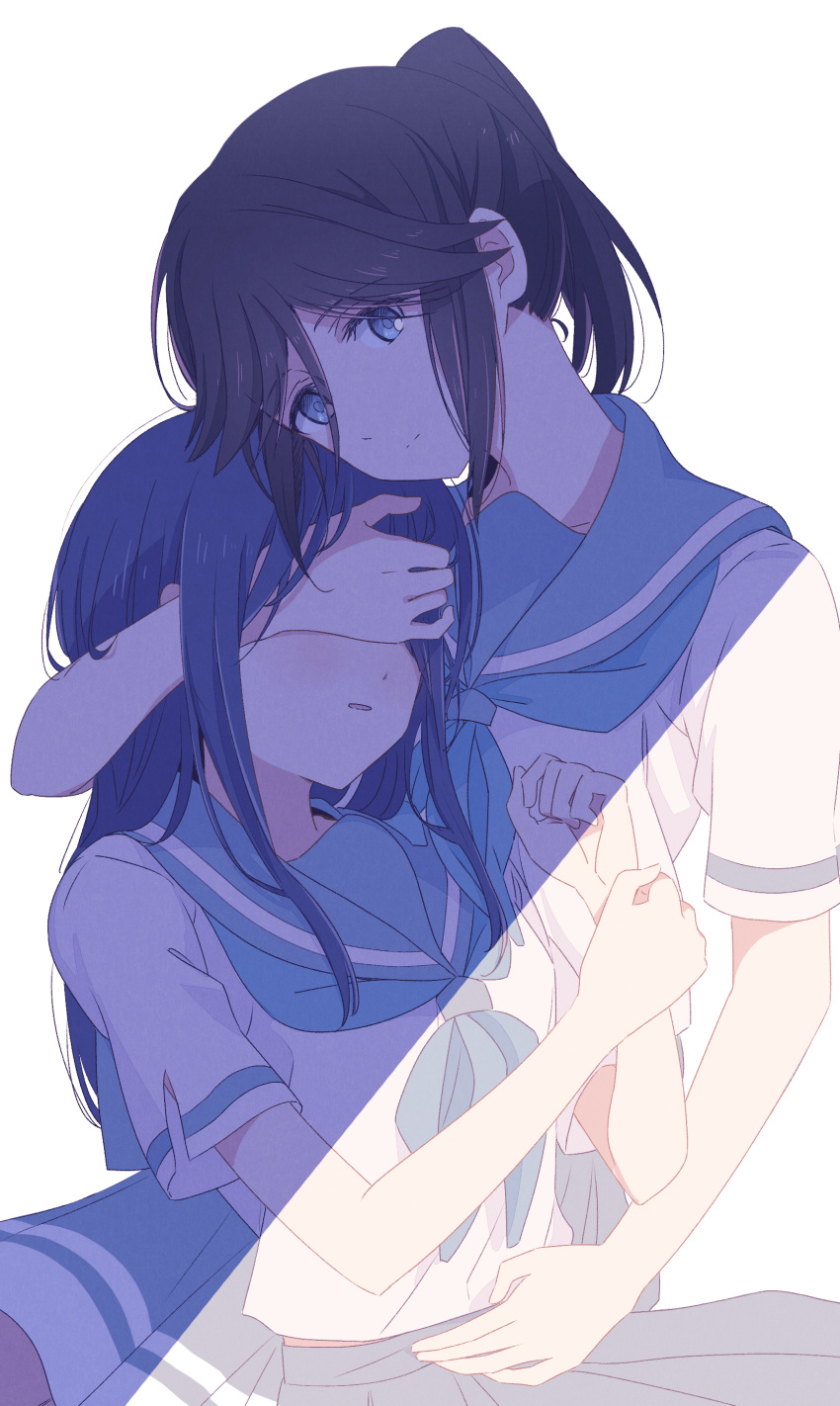 2girls absurdres black_hair blue_eyes blue_hair blue_neckerchief blue_sailor_collar blue_skirt blush closed_mouth covering_another's_eyes cowboy_shot hand_on_another's_face head_tilt hibike!_euphonium highres hug kasaki_nozomi kitauji_high_school_uniform liz_to_aoi_tori long_hair looking_at_viewer multiple_girls neckerchief parted_lips pleated_skirt ponytail sailor_collar sawara65 school_uniform serafuku shade shirt short_sleeves sidelocks simple_background skirt smile white_background white_shirt yoroizuka_mizore yuri