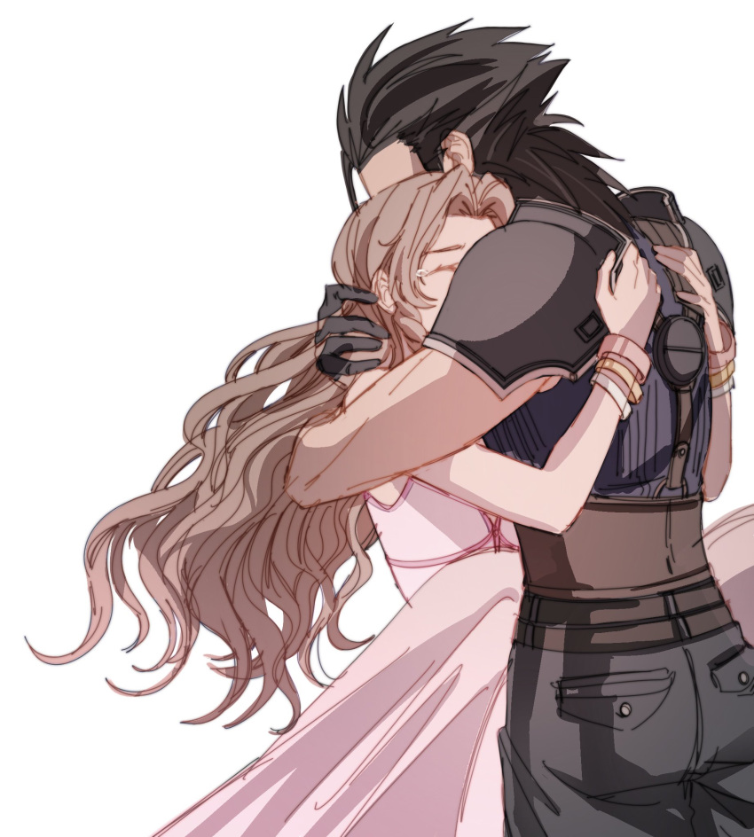 1boy 1girl aerith_gainsborough armor bangle bare_shoulders black_gloves black_hair bracelet brown_hair commentary couple cowboy_shot crisis_core_final_fantasy_vii dress final_fantasy final_fantasy_vii final_fantasy_vii_rebirth final_fantasy_vii_remake gloves hair_slicked_back hand_on_another's_head highres hug jewelry long_hair pink_dress ribbed_sweater shoulder_armor sleeveless sleeveless_dress sleeveless_turtleneck spiked_hair sweater sylvthea tears turtleneck turtleneck_sweater white_background zack_fair