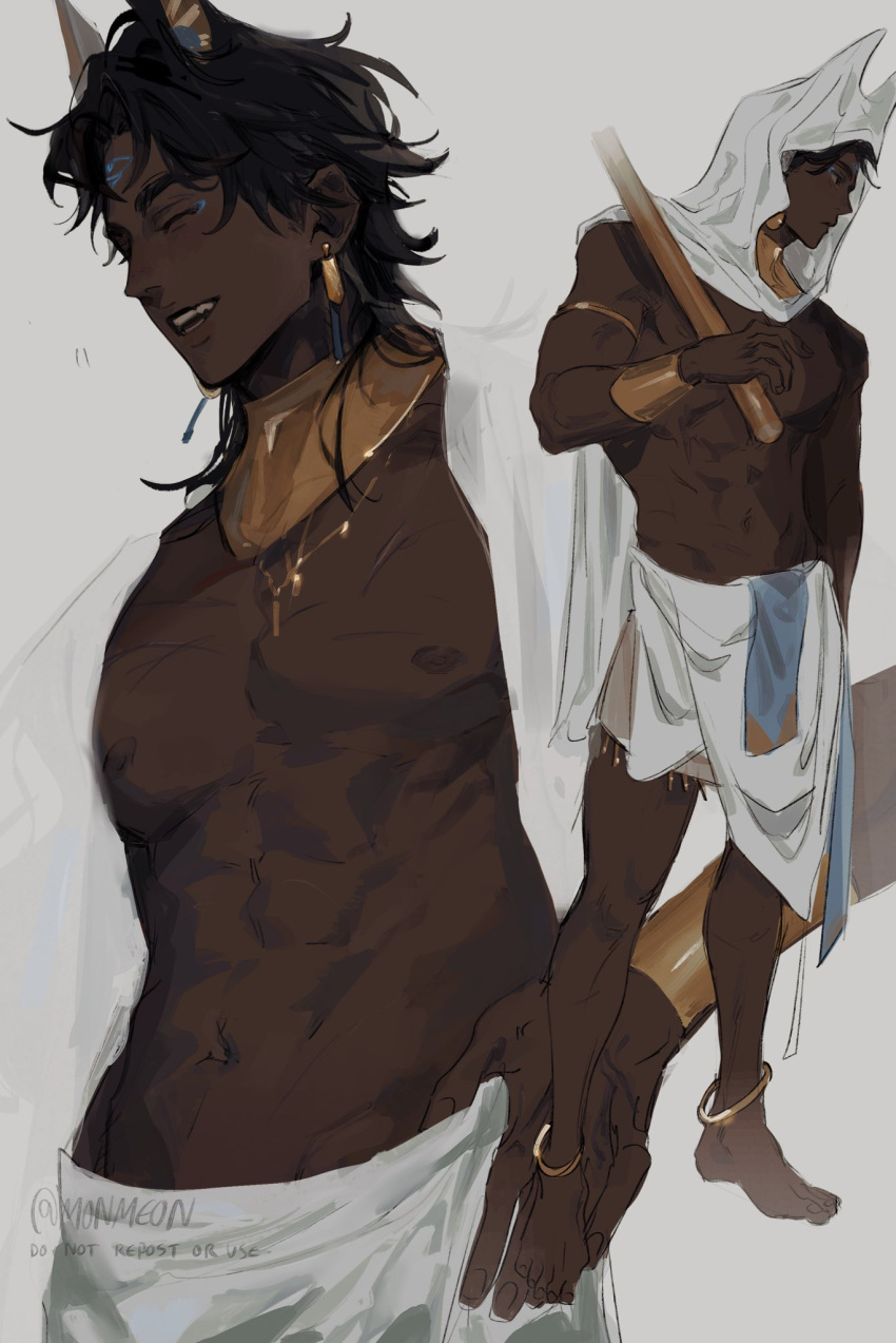 1boy abs animal_ears anpu_(monmeon) artist_name bare_legs black_hair closed_eyes closed_mouth dangle_earrings dark-skinned_male dark_skin earrings facial_mark feet forehead_mark gold_anklet gold_armlet gold_bracelet gold_necklace highres holding holding_weapon hood hood_up jackal_ears jewelry medium_hair monmeon multiple_views muscular muscular_male necklace nipples open_mouth original over_shoulder pectorals simple_background smile standing topless_male usekh_collar very_dark_skin weapon weapon_over_shoulder white_background white_loincloth