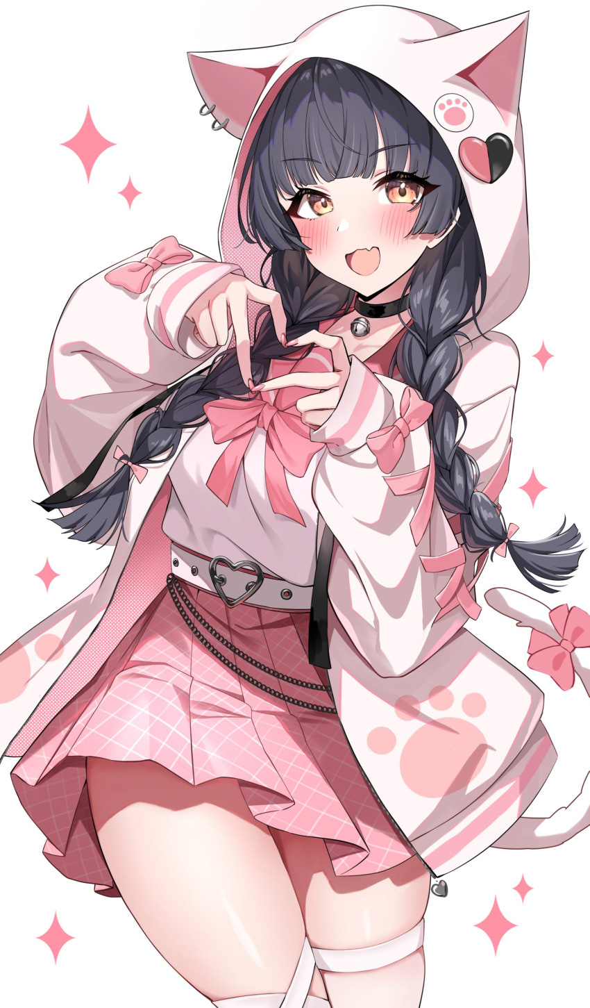 1girl :d absurdres animal_hood badge bell belt black_choker black_hair blush bow bowtie braid buckle button_badge cat_hood choker contrapposto cowboy_shot diamond_(shape) fang gawawawa hair_over_shoulder heart heart_hands high-waist_skirt highres hood hood_up hooded_jacket idolmaster idolmaster_shiny_colors jacket legs_together long_hair long_sleeves looking_at_viewer low_twin_braids mayuzumi_fuyuko nail_polish neck_bell open_clothes open_jacket open_mouth orange_eyes pink_bow pink_bowtie pink_nails pink_skirt pleated_skirt shirt shirt_tucked_in simple_background skin_fang skindentation skirt sleeves_past_wrists smile solo studded_belt thick_thighs thigh_strap thighs twin_braids white_background white_belt white_jacket white_shirt