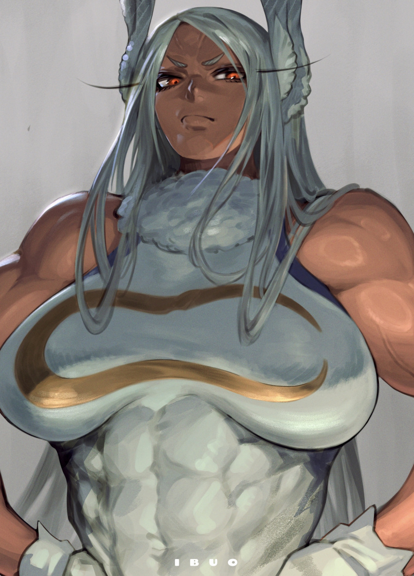 1girl absurdres animal_ears artist_name boku_no_hero_academia breasts closed_mouth dark-skinned_female dark_skin dated_commentary gloves grey_background hair_over_one_eye highres ibuo_(ibukht1015) large_breasts leotard long_hair looking_at_viewer mirko muscular muscular_female rabbit_ears rabbit_girl red_eyes veins white_gloves white_hair white_leotard