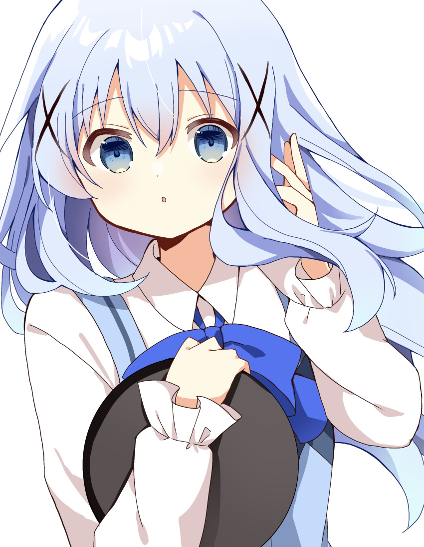 1girl :o absurdres apron blue_apron blue_bow blue_bowtie blue_eyes blue_hair blush bow bowtie collared_shirt commentary dot_nose floating_hair gochuumon_wa_usagi_desu_ka? hair_between_eyes hair_ornament hand_in_own_hair highres holding holding_tray hugging_object kafuu_chino long_hair looking_at_viewer open_mouth shirt sidelocks simple_background solo straight_hair tray upper_body uwasewau white_background white_shirt x_hair_ornament