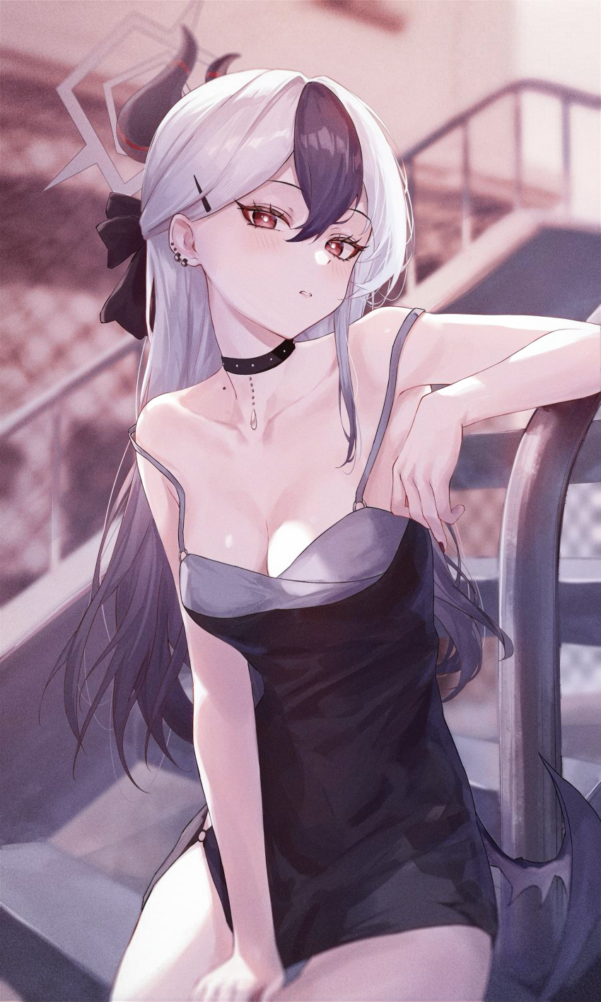 1girl absurdres atychi bare_shoulders black_choker black_dress black_hair black_wings blue_archive blurry blurry_background blush breasts bright_pupils choker cleavage collarbone commentary demon_girl demon_wings dress gradient_hair grey_halo hair_between_eyes halo highres jacket kayoko_(blue_archive) kayoko_(dress)_(blue_archive) looking_at_viewer low_wings medium_breasts mole mole_on_collarbone multicolored_hair off_shoulder official_alternate_costume official_alternate_hairstyle red_eyes single_wing sitting sitting_on_stairs sleeveless sleeveless_jacket solo stairs streaked_hair white_hair white_pupils wings